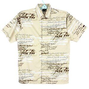 Fubu Men's Short Sleeve Button Down Script Print Tan Brown Shirt Size Large NWOT